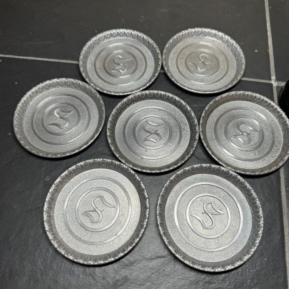 Vintage MCM LE Mason Co Boston Mass Aluminum Coasters Set of 7 Monogram S Silver